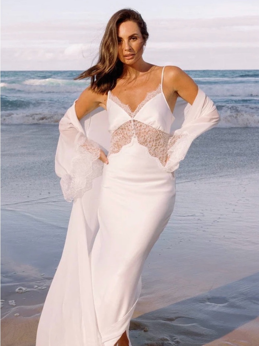Elegant White Lace-Trim Slip Dress with Sheer Wrap